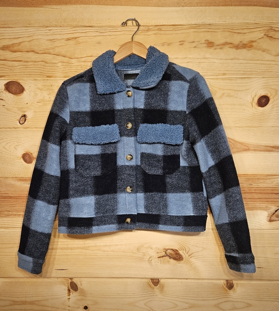 Umgee Womens Blue And Black Plaid Jacket with Sherpa Collar With Pockets Size S